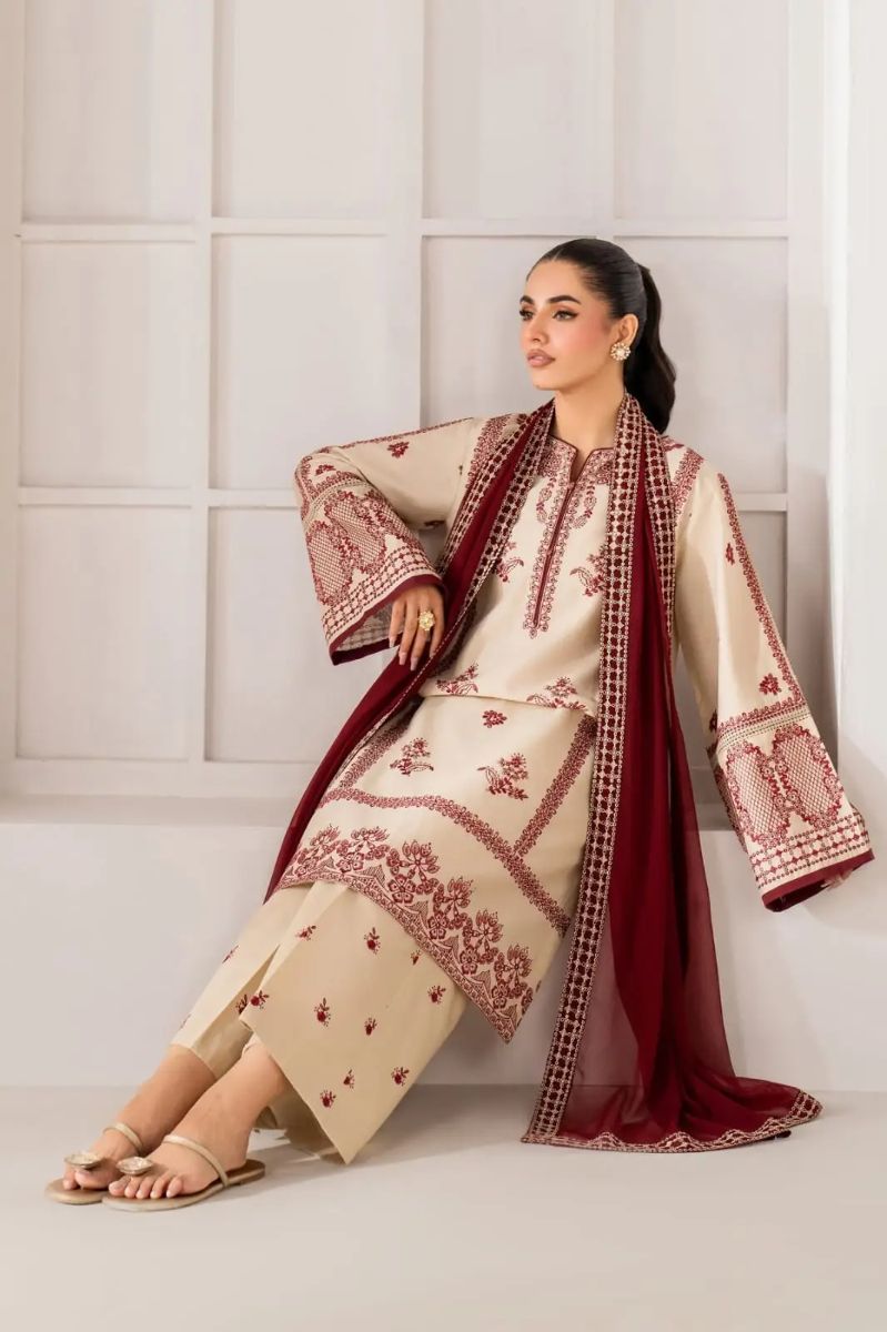 3 Pcs Women's Unstitched Embroidered Suit - Image 2