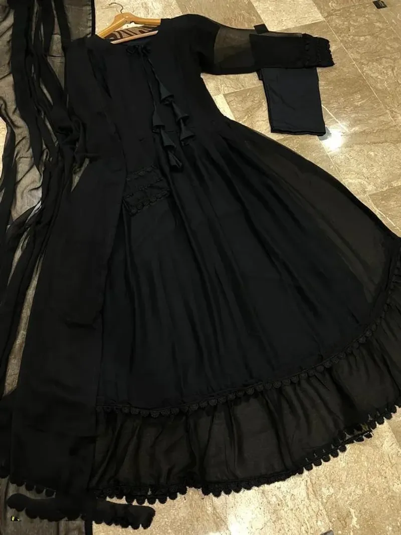 Black Chiffon 3-Piece Maxi Suit for Women - Image 3