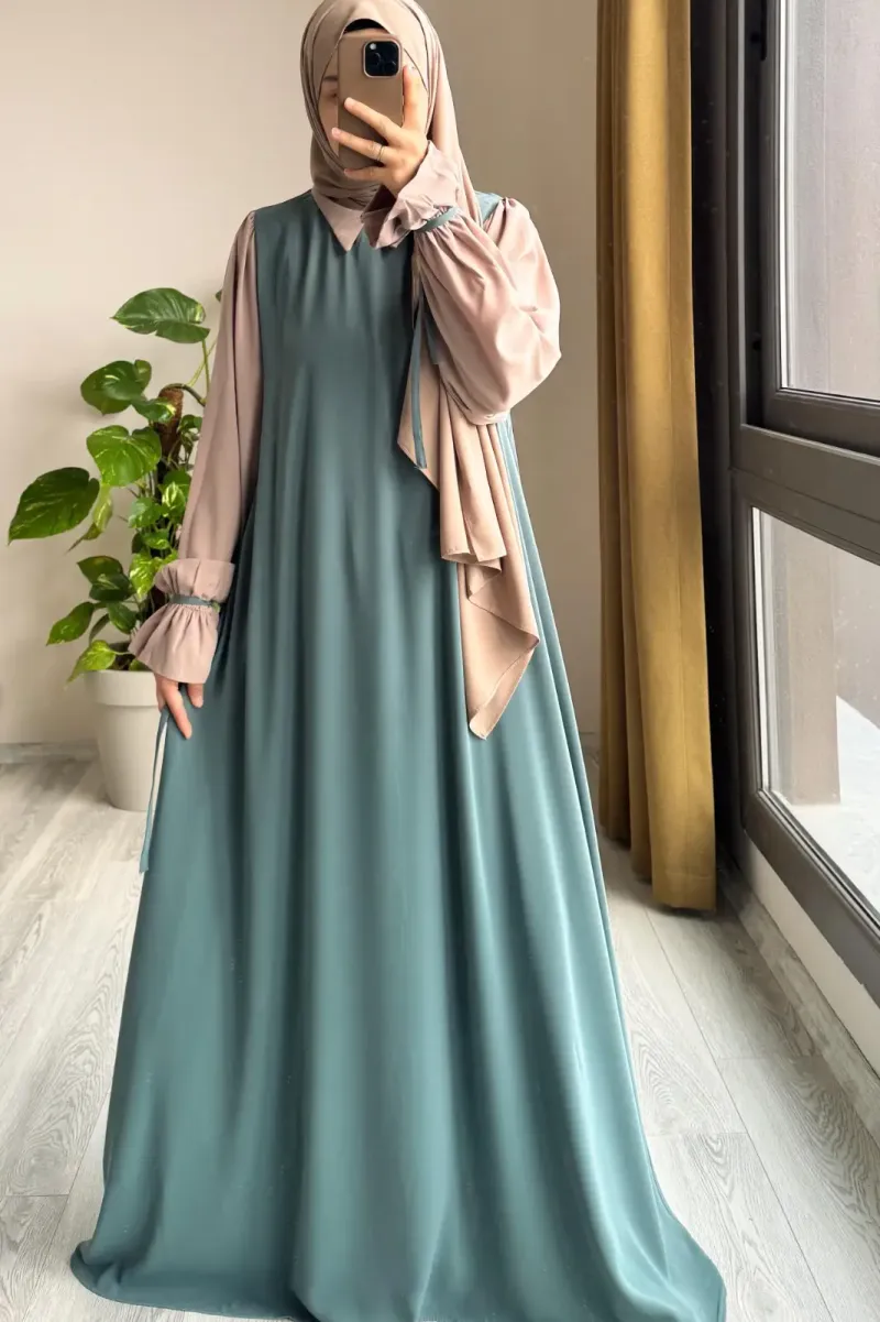 Abaya for Women with Belt & Stroller | Collar Abaya in Soft Wool Peach Fabric | Ready to Wear Abaya - Image 2