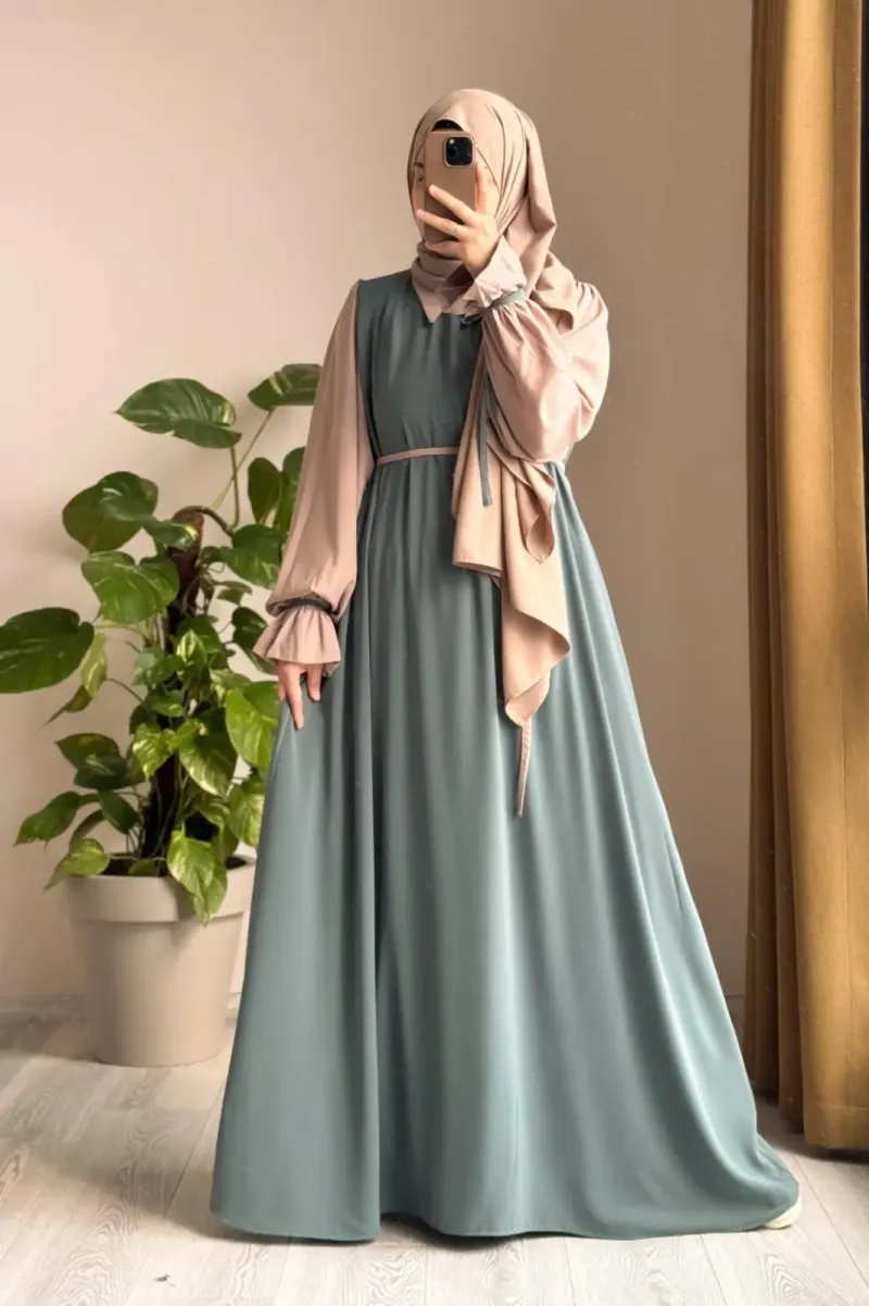 Abaya for Women with Belt & Stroller | Collar Abaya in Soft Wool Peach Fabric | Ready to Wear Abaya - Image 4