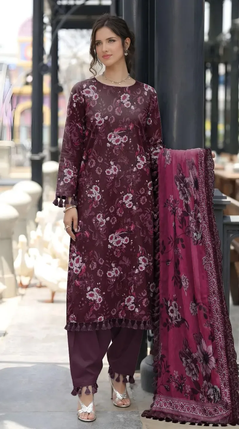 Brown Embroidered Lawn 3Pcs Set for Women