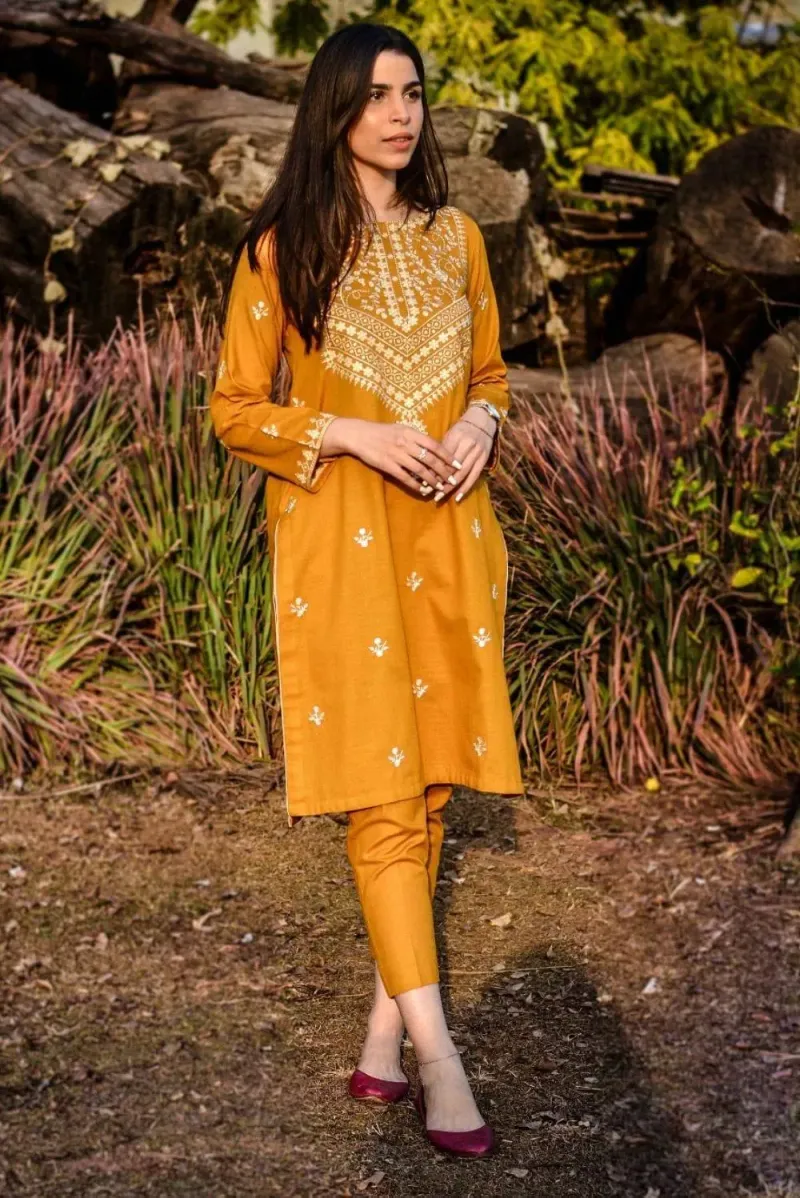 Mustard Embroidered Dhanak 2-Piece Suit for Women