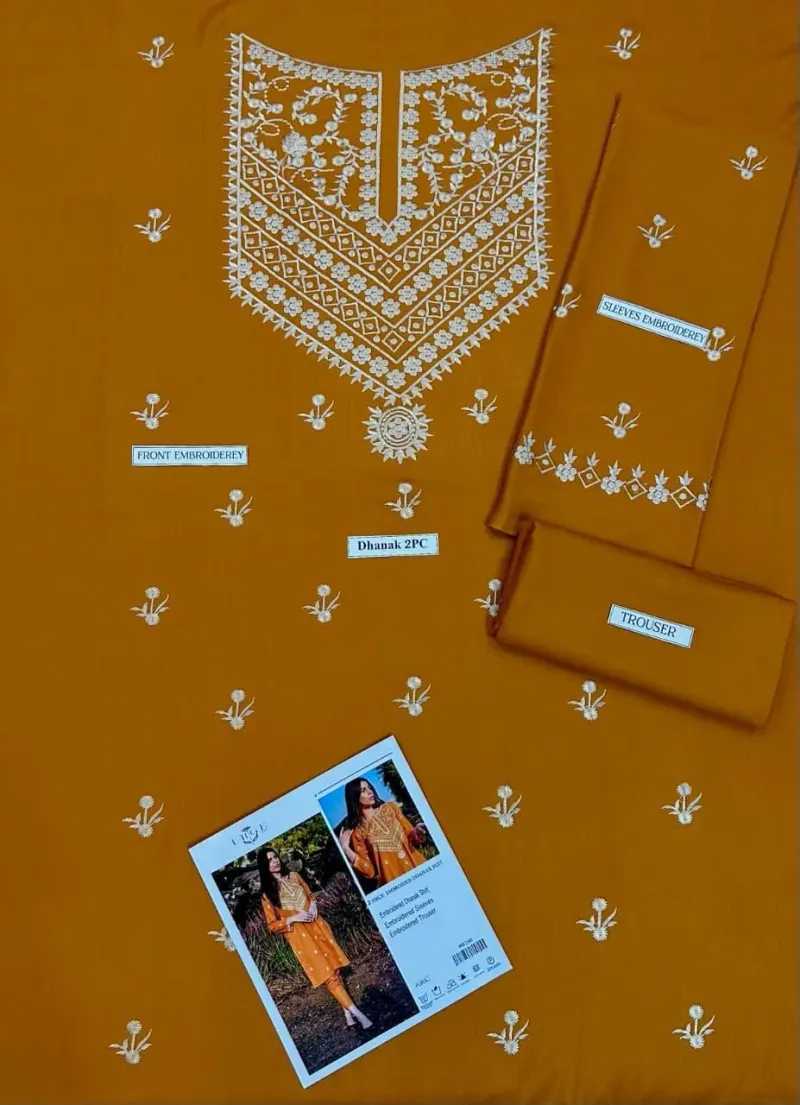 Mustard Embroidered Dhanak 2-Piece Suit for Women - Image 2