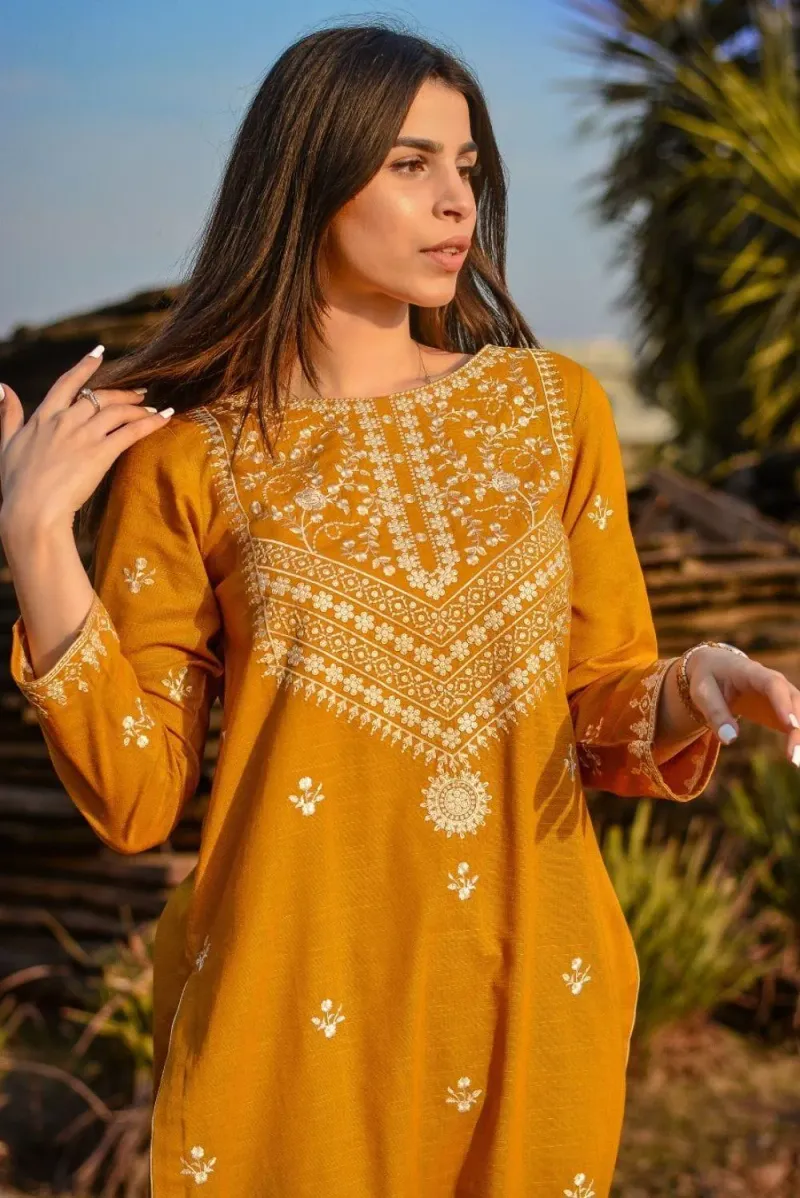 Mustard Embroidered Dhanak 2-Piece Suit for Women - Image 3