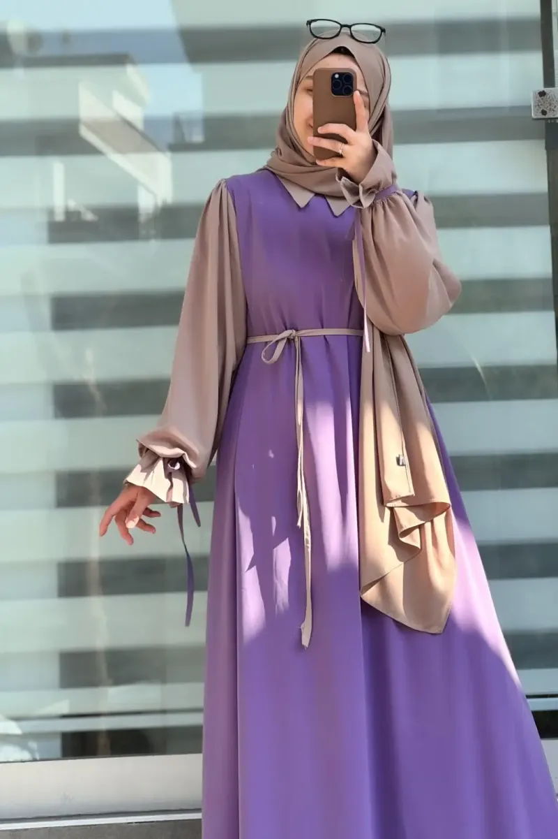 Abaya for Women with Belt & Stroller | Collar Abaya in Soft Wool Peach Fabric | Ready to Wear Abaya - Image 2