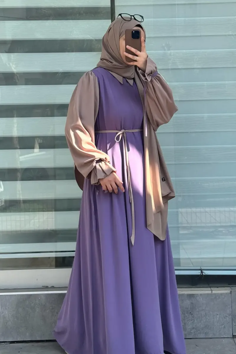 Abaya for Women with Belt & Stroller | Collar Abaya in Soft Wool Peach Fabric | Ready to Wear Abaya - Image 3
