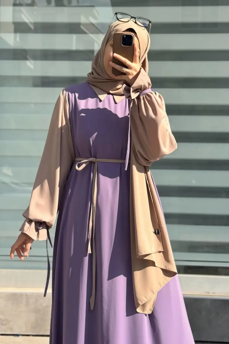 Abaya for Women with Belt & Stroller | Collar Abaya in Soft Wool Peach Fabric | Ready to Wear Abaya - Image 4