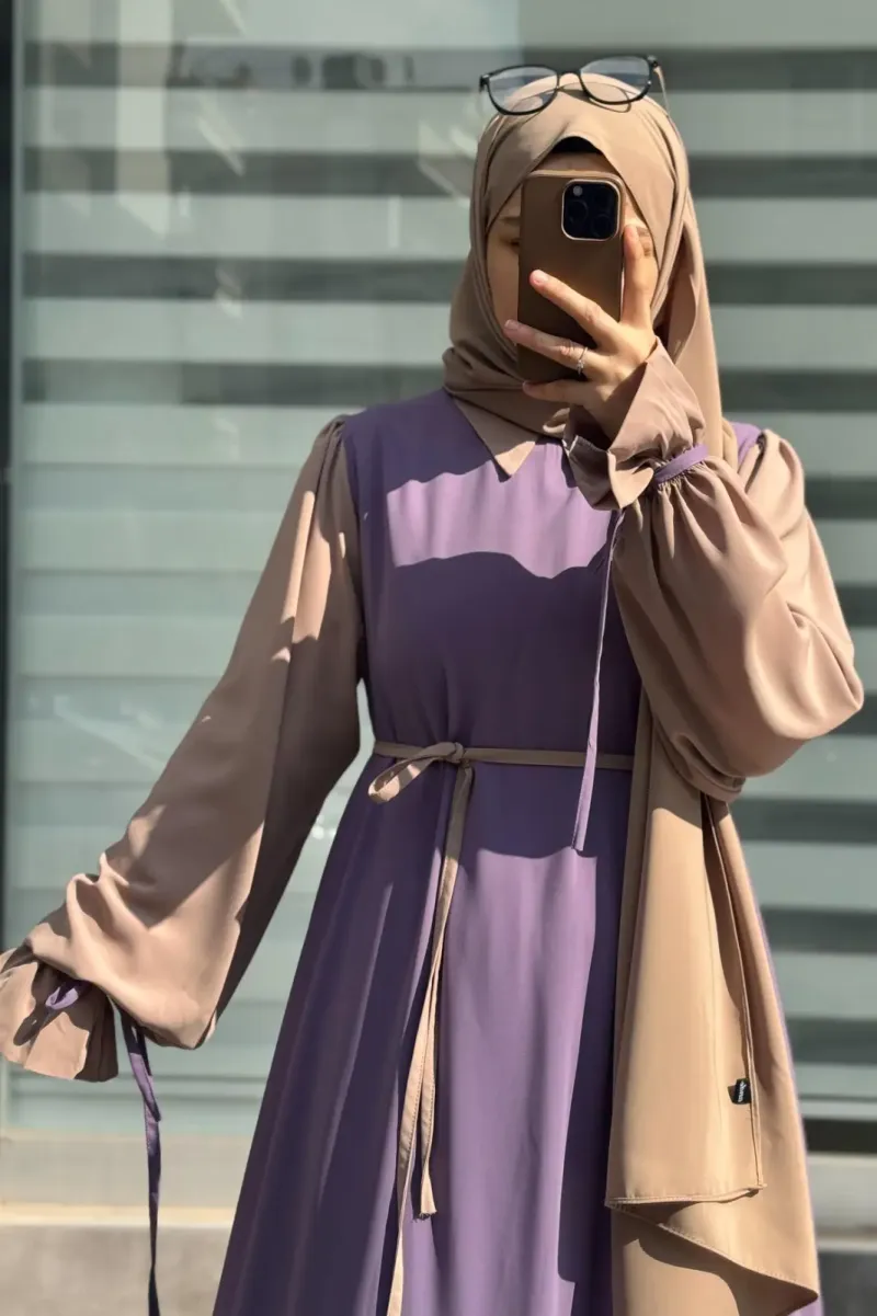 Abaya for Women with Belt & Stroller | Collar Abaya in Soft Wool Peach Fabric | Ready to Wear Abaya - Image 5