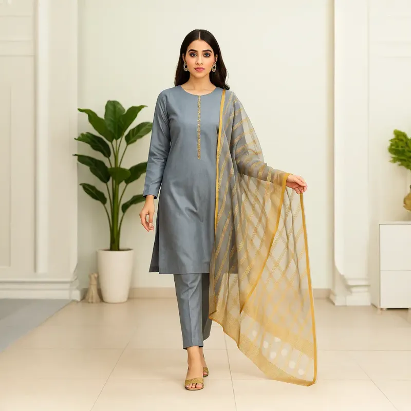 3 Pcs Women's Unstitched Plain Suit