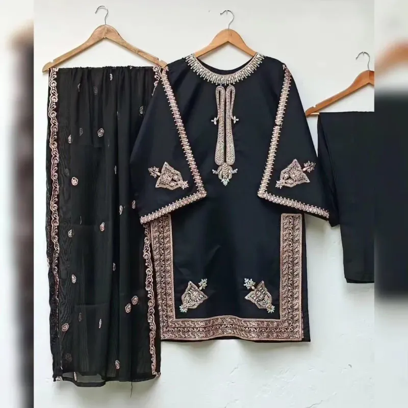 Black Embroidered 3Pc Kurta Set with Dupatta - Image 2