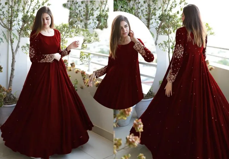 Maroon Embroidered 3Pc Gown Set Medium - Image 2