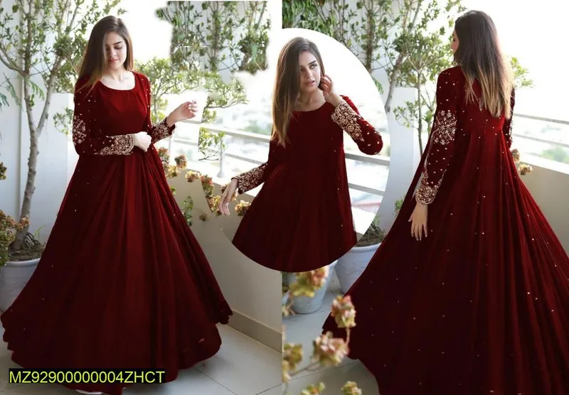 Maroon Embroidered 3Pc Gown Set Medium - Image 5