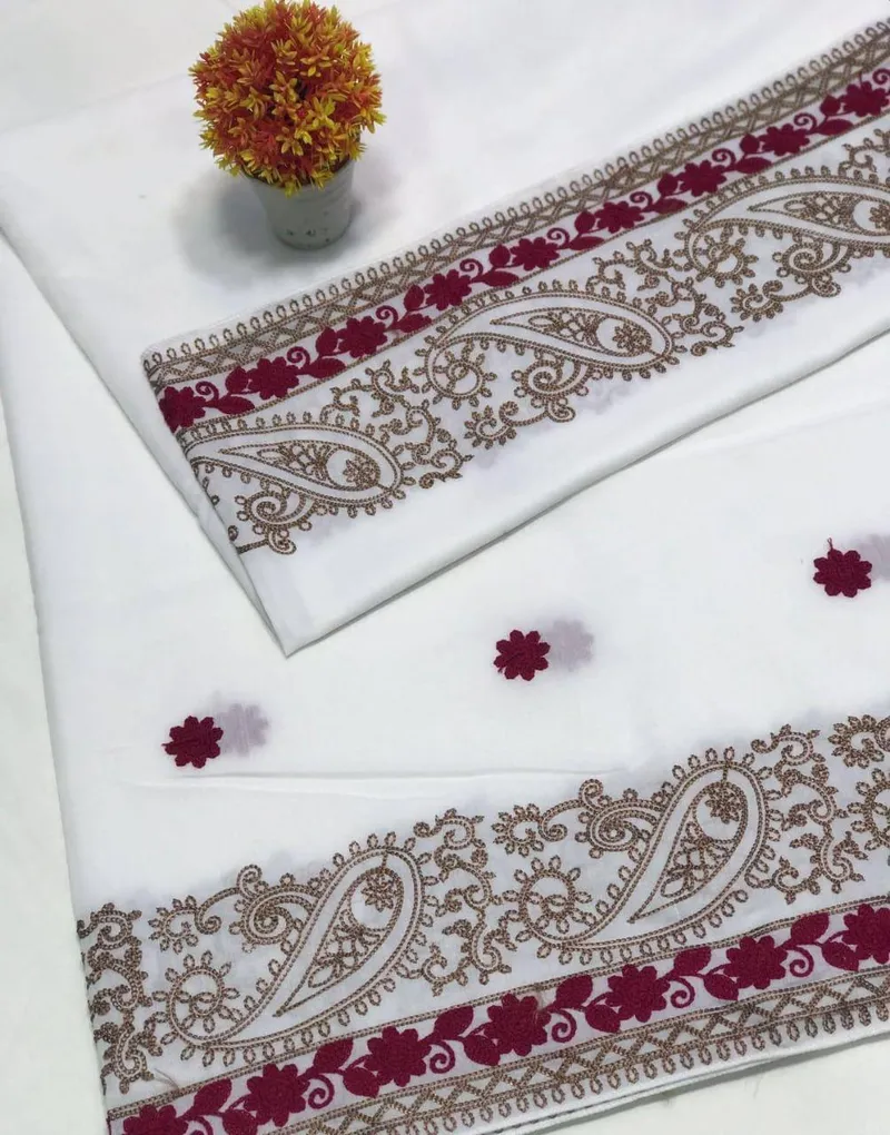 Women Swiss Lawn Embroidered Shawl White Burgundy Gold 2.5m
