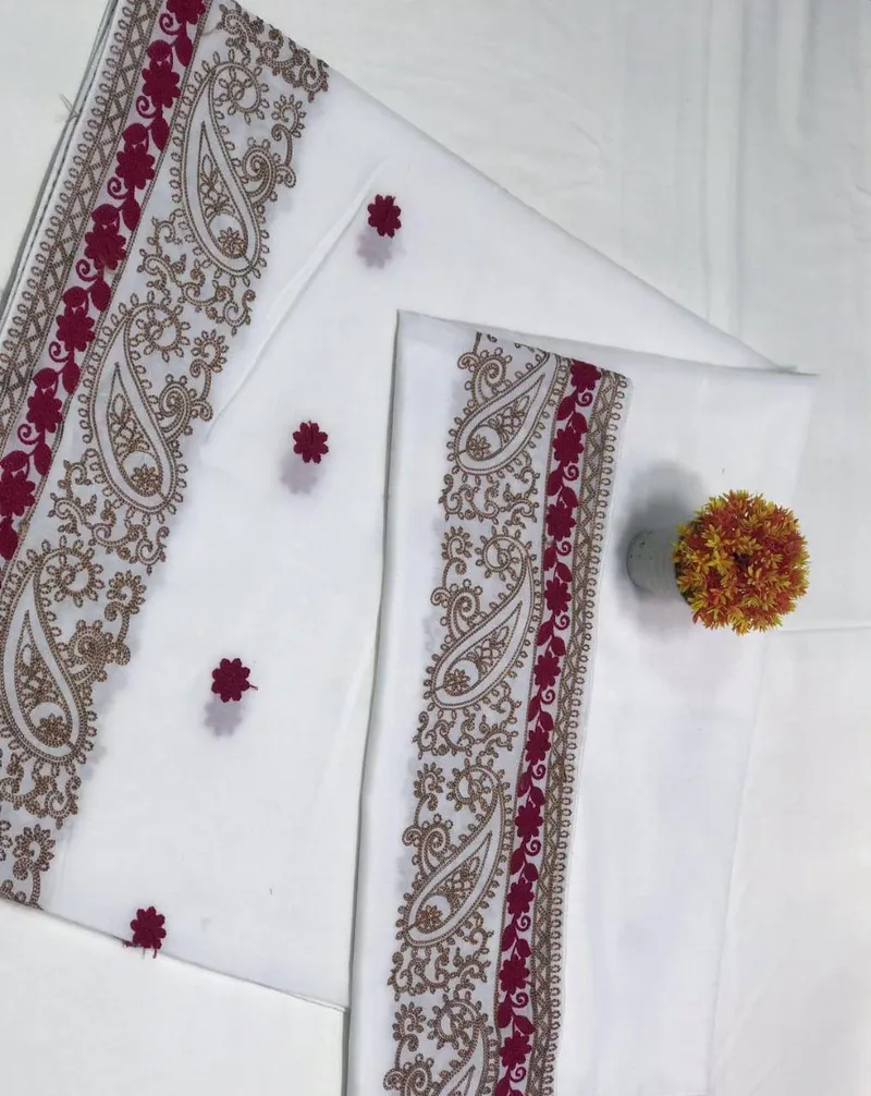 Women Swiss Lawn Embroidered Shawl White Burgundy Gold 2.5m - Image 3