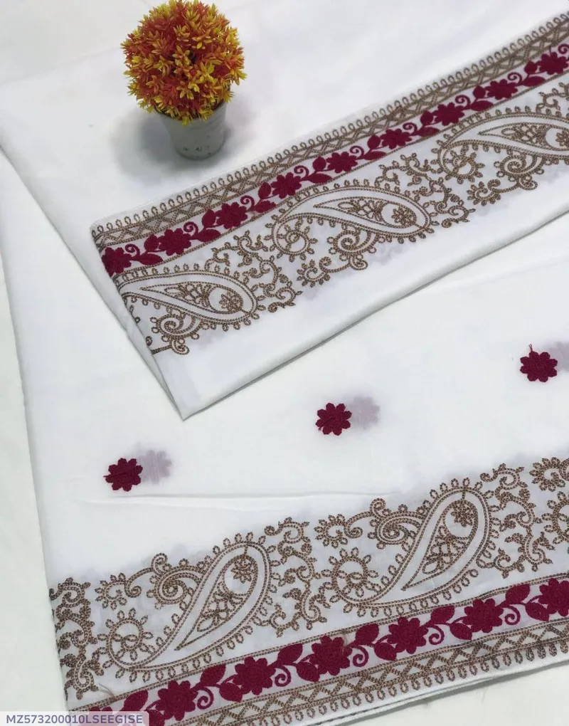 Women Swiss Lawn Embroidered Shawl White Burgundy Gold 2.5m - Image 4
