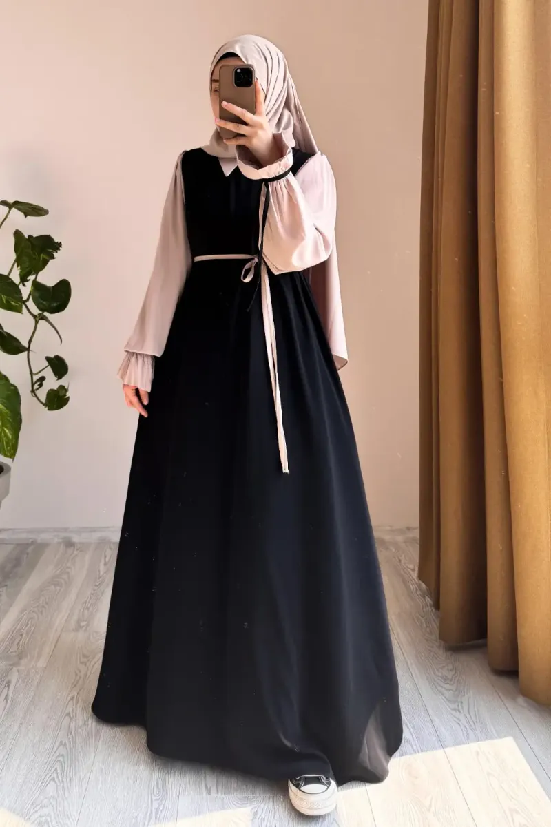 Abaya for Women with Belt & Stroller | Collar Abaya in Soft Wool Peach Fabric | Ready to Wear Abaya - Image 2