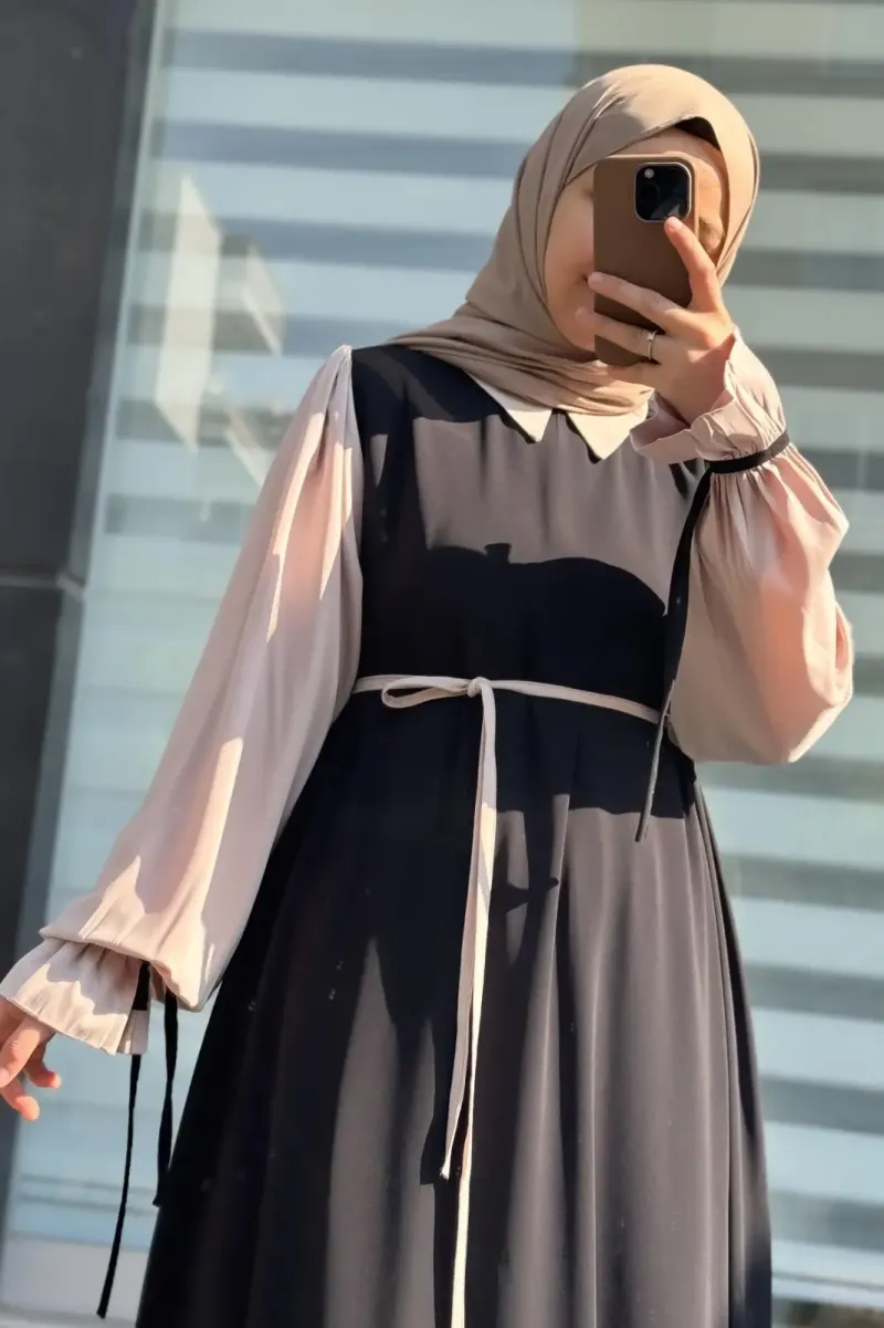 Abaya for Women with Belt & Stroller | Collar Abaya in Soft Wool Peach Fabric | Ready to Wear Abaya - Image 4