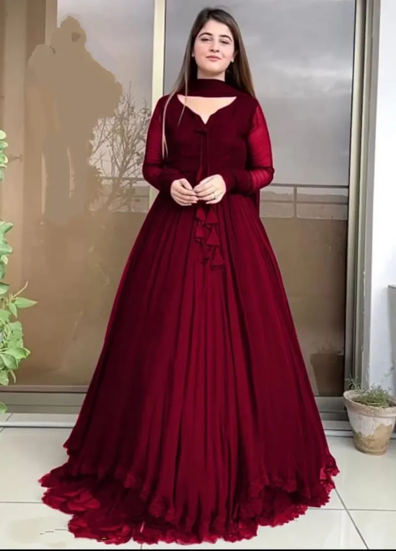 Women Maroon Chiffon Maxi Suit 3 Pcs Round Neck - Image 2
