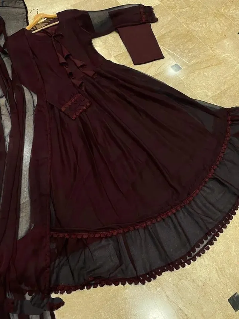 Women Maroon Chiffon Maxi Suit 3 Pcs Round Neck - Image 3