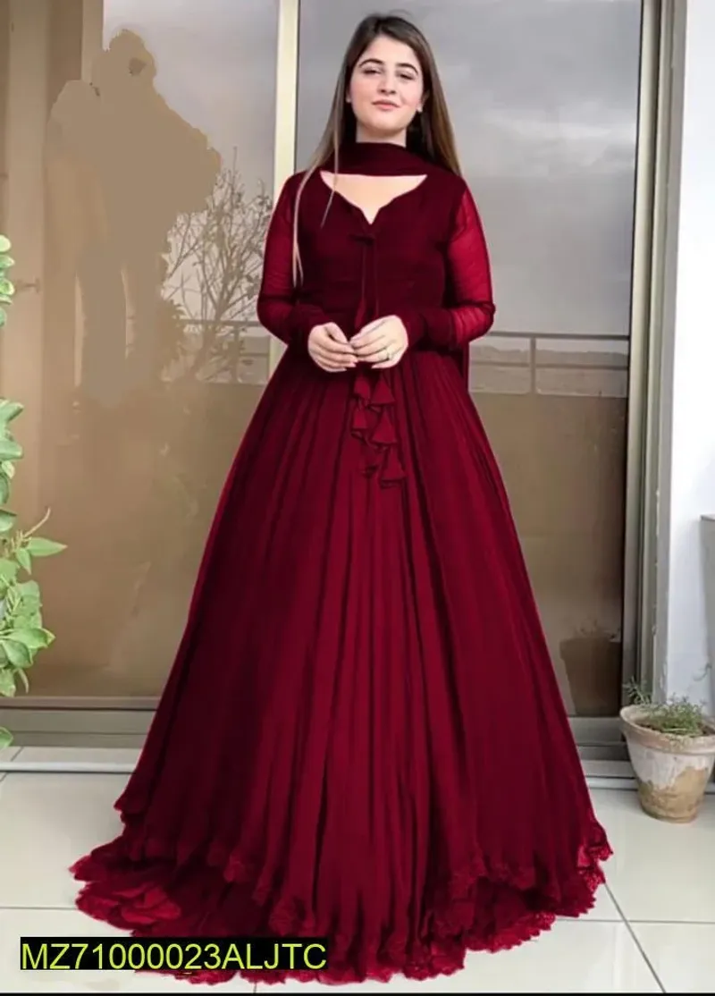 Women Maroon Chiffon Maxi Suit 3 Pcs Round Neck - Image 4