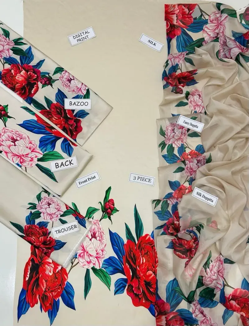 3 Pcs Women's Unstitched Digital Print Suit - Image 3