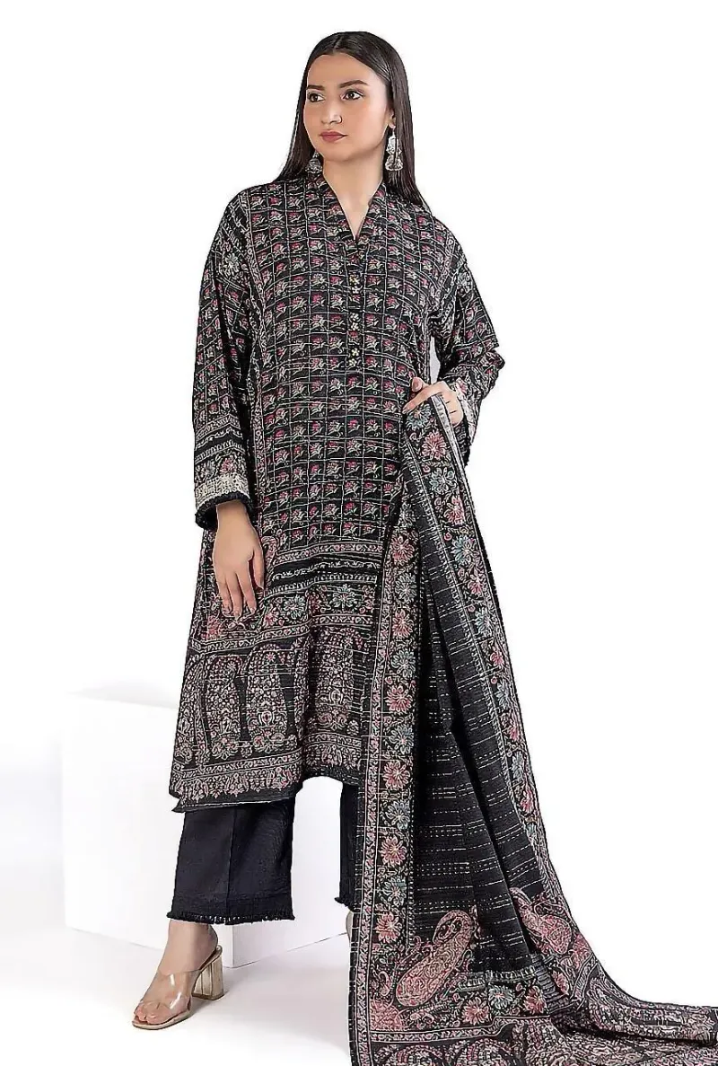 Black Printed 3-Piece Khaddar Suit for Women