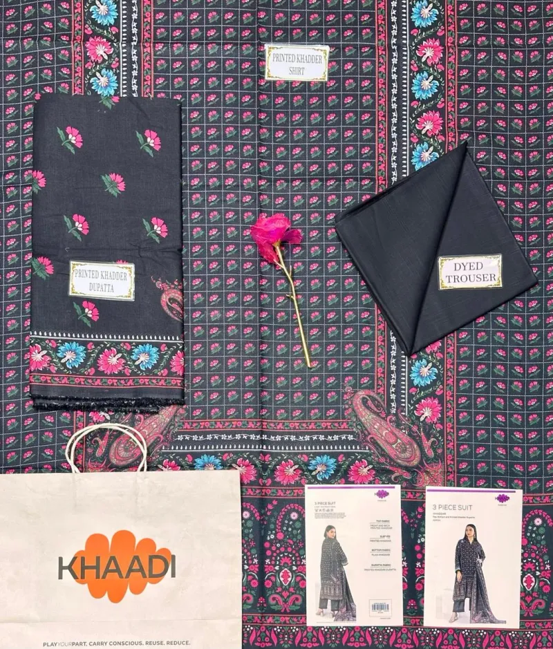 Black Printed 3-Piece Khaddar Suit for Women - Image 3