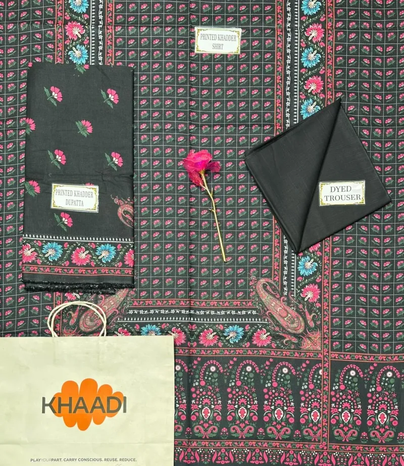 Black Printed 3-Piece Khaddar Suit for Women - Image 4