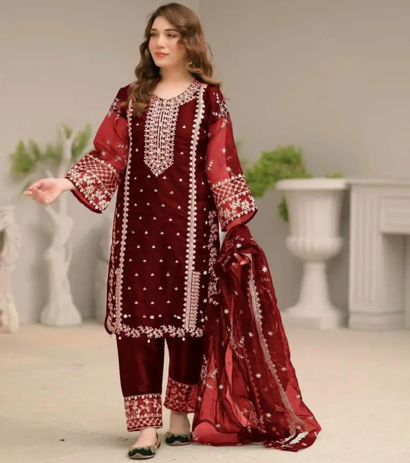 Maroon Embroidered 3-Piece Suit for Women - Image 2