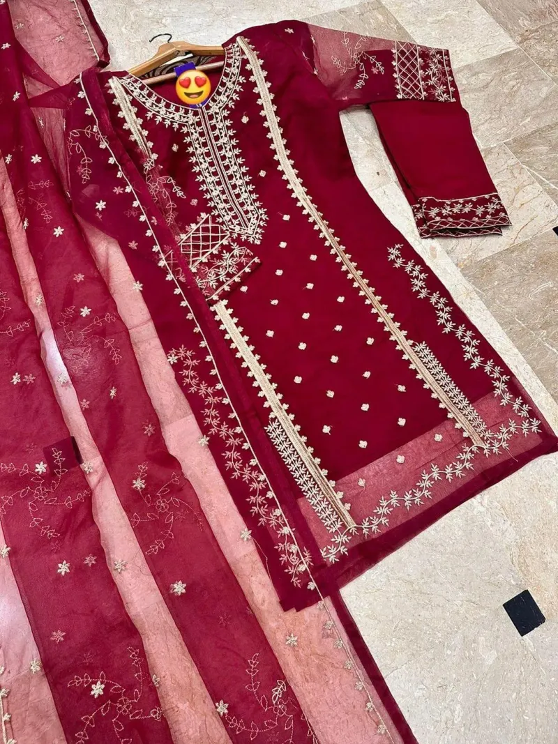Maroon Embroidered 3-Piece Suit for Women - Image 3