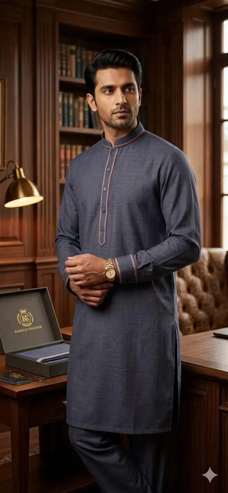 Grey Khaddar Men Suit Summer Cotton Fabric - Image 3