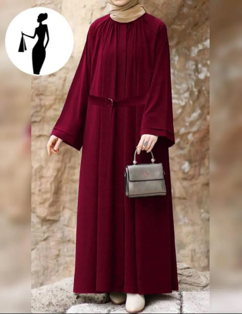 Burgundy Georgette Full Abaya with Belt for Women