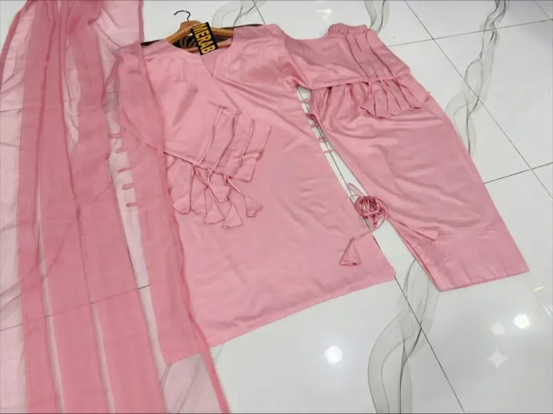 3 Pcs Women's Stitched Linen Plain Suit - Image 3
