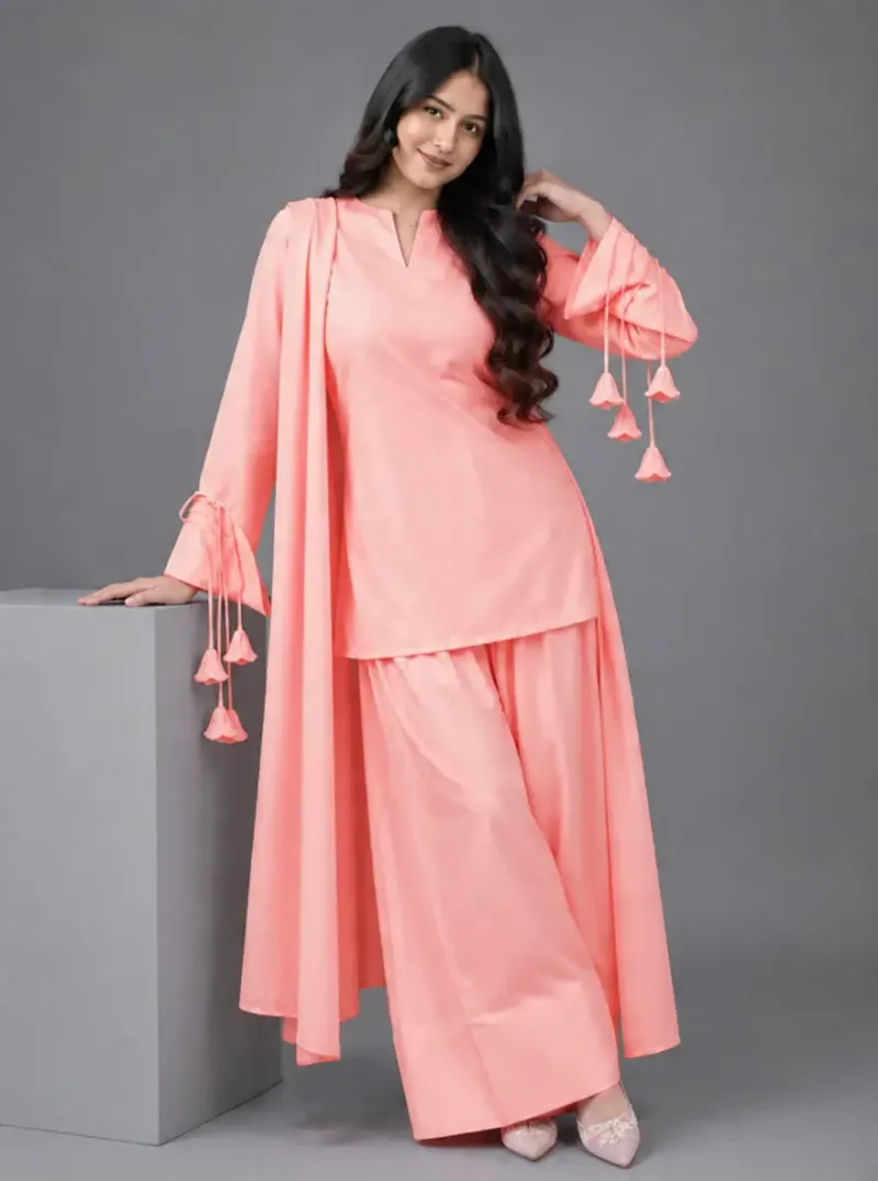 3 Pcs Women's Stitched Linen Plain Suit - Image 5