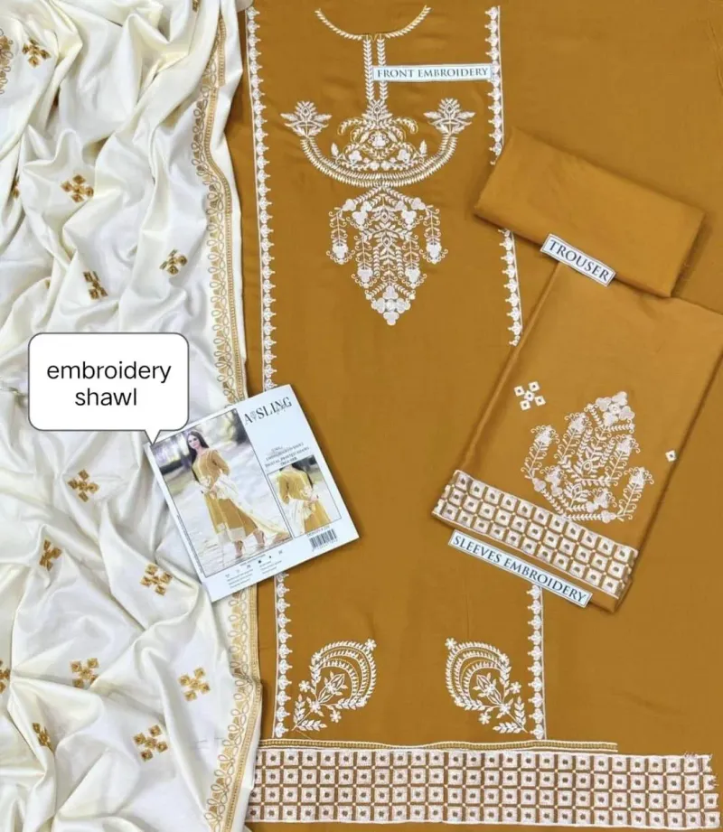 Pakistani Women's Yellow Embroidered Kurta Set with Shawl - Image 2