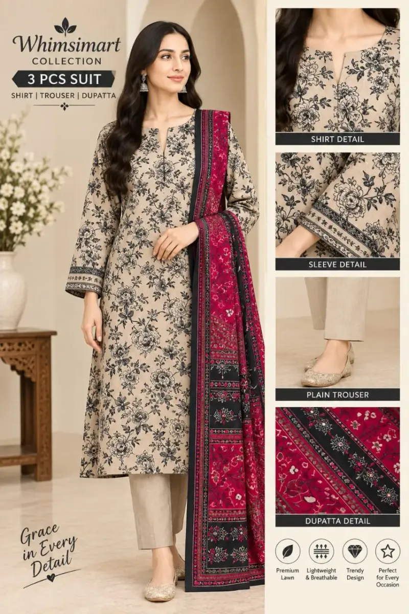 Mausammry Linen 2026 Collection 3PC | Printed Linen Shirt with Linen Dupatta & Dyed Trouser | Guaranteed Fabric