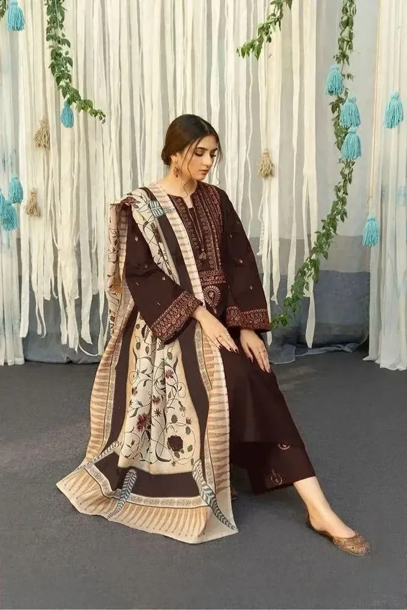 3-Piece Brown Lawn Embroidered Suit with Printed Dupatta
