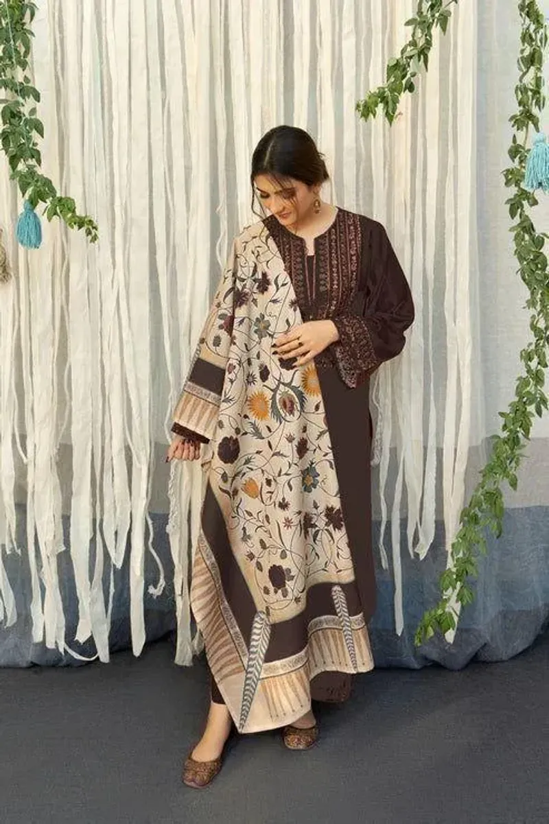 3-Piece Brown Lawn Embroidered Suit with Printed Dupatta - Image 2