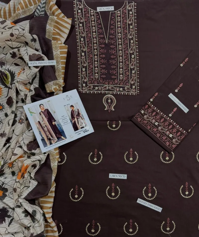 3-Piece Brown Lawn Embroidered Suit with Printed Dupatta - Image 3