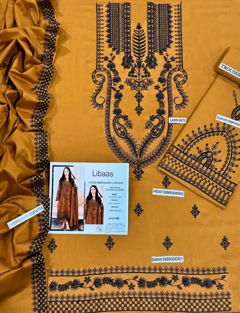 Mustard Embroidered 3-Piece Lawn Suit for Eid Wedding - Image 3