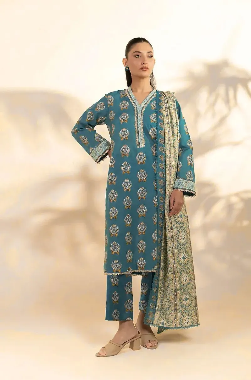 Blue Floral Printed 3-Piece Khaddar Suit for Women