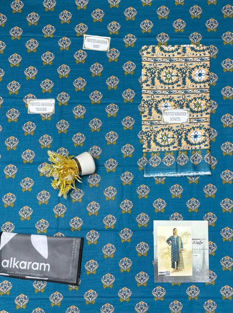 Blue Floral Printed 3-Piece Khaddar Suit for Women - Image 3