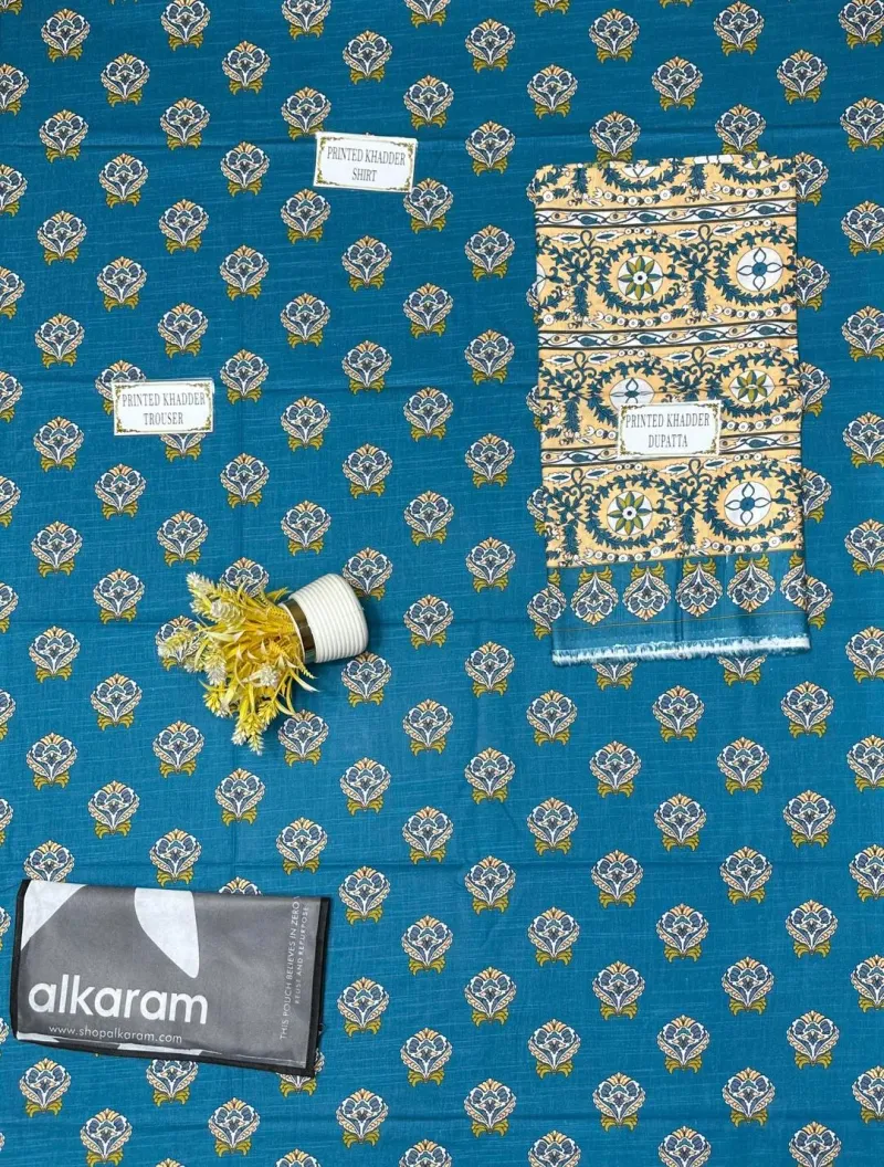 Blue Floral Printed 3-Piece Khaddar Suit for Women - Image 4