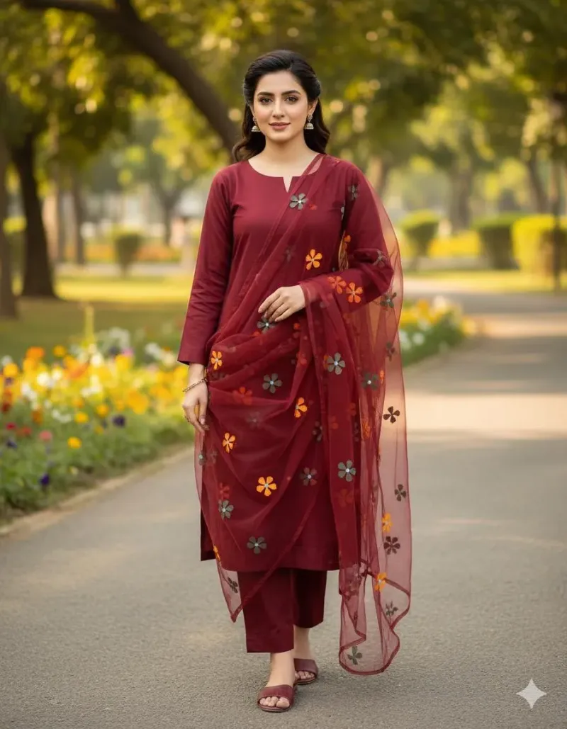 Maroon Embroidered Net Suit for Women Wedding Party Wear