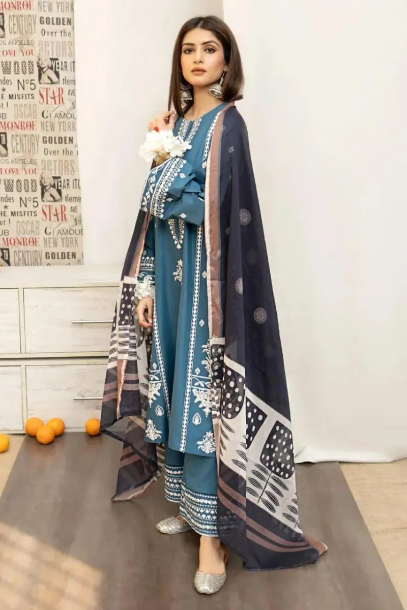 Lilac Embroidered Lawn 3Pcs Suit Set with Printed Diamond Dupatta - Image 2