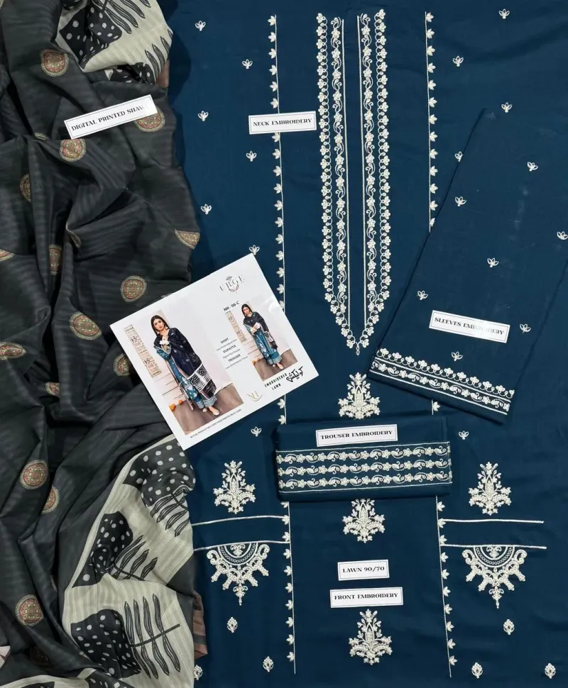 Lilac Embroidered Lawn 3Pcs Suit Set with Printed Diamond Dupatta - Image 3