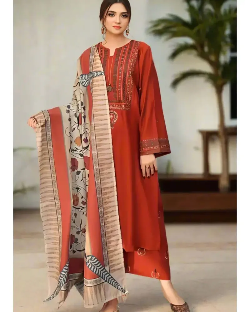 3 Pcs Women's Stitched Cotton Lawn Embroidered Suit - Image 2