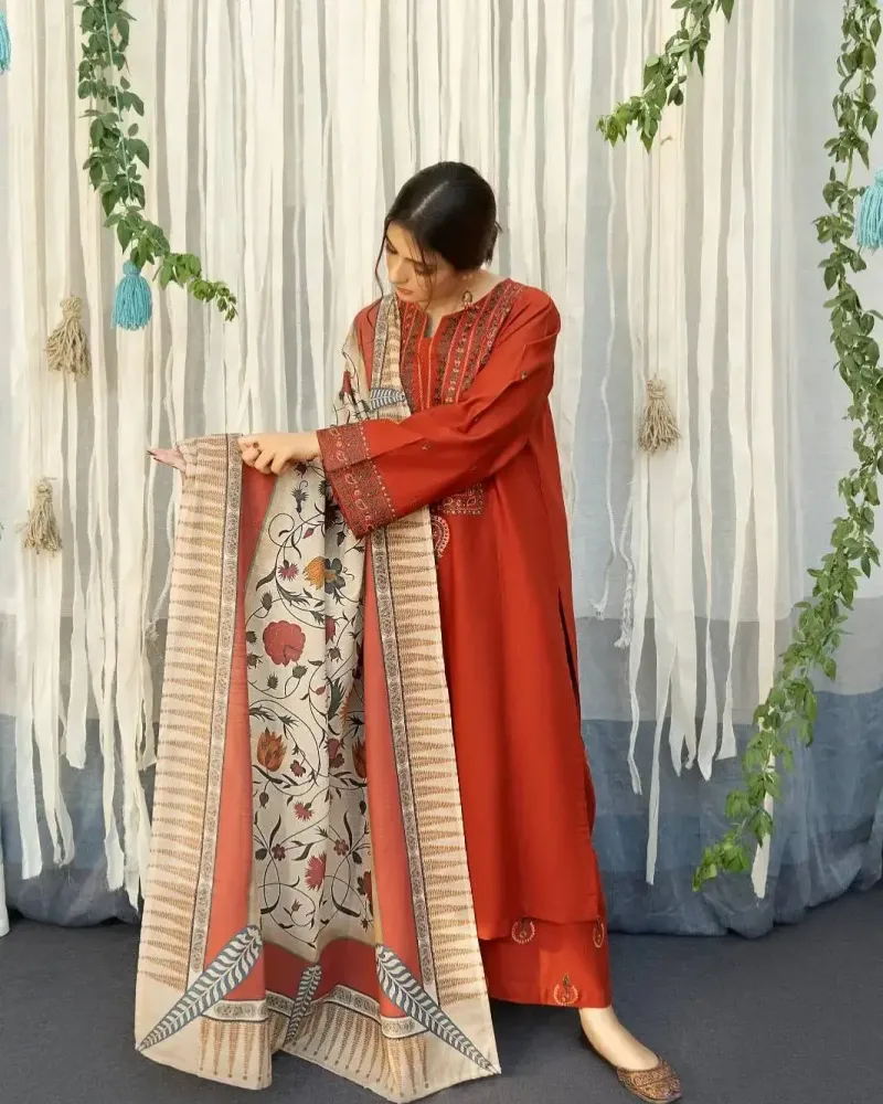 3 Pcs Women's Stitched Cotton Lawn Embroidered Suit - Image 8