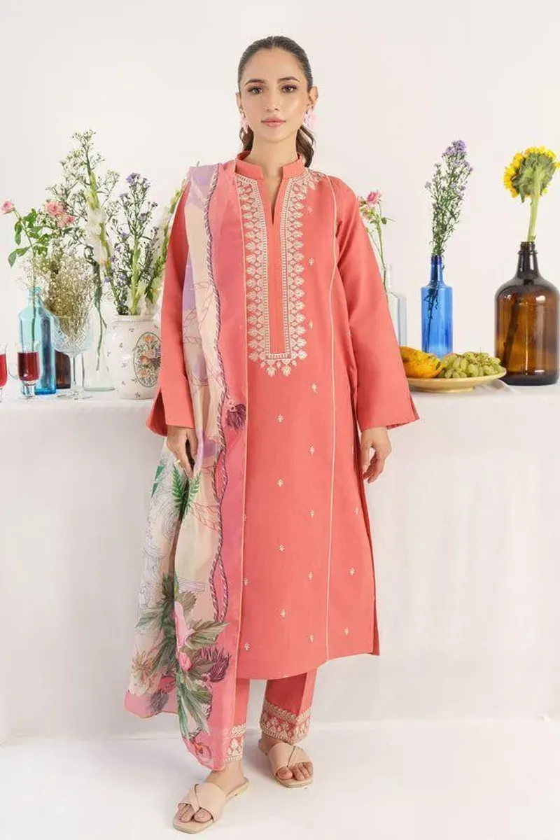 Stylish 3-Piece Pink Dhanak Suit with Wool Dupatta