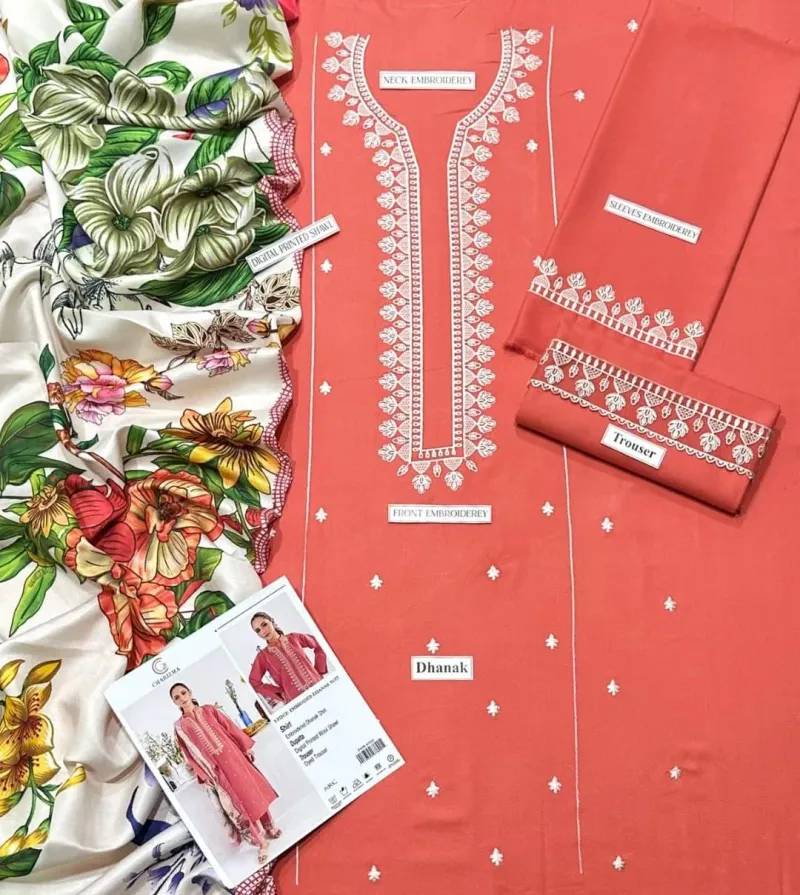 Stylish 3-Piece Pink Dhanak Suit with Wool Dupatta - Image 2